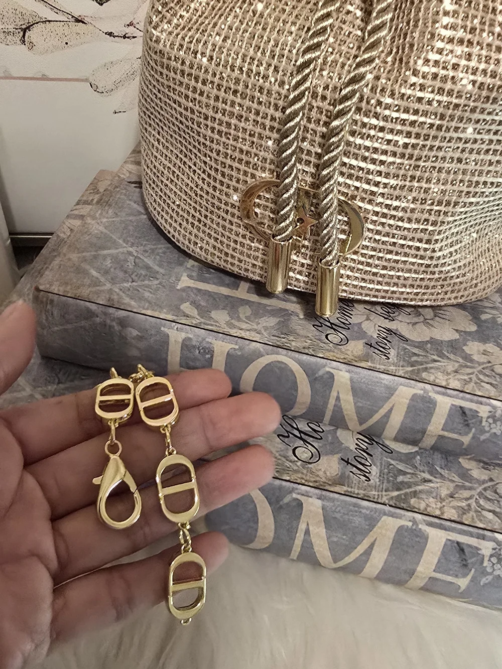 Gwp Christian Dior Gold Metallic Drawstring Bucket Bag With Box